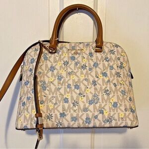 MICHAEL Michael Kors Cream Floral Logo Dome Satchel with Brown Trim